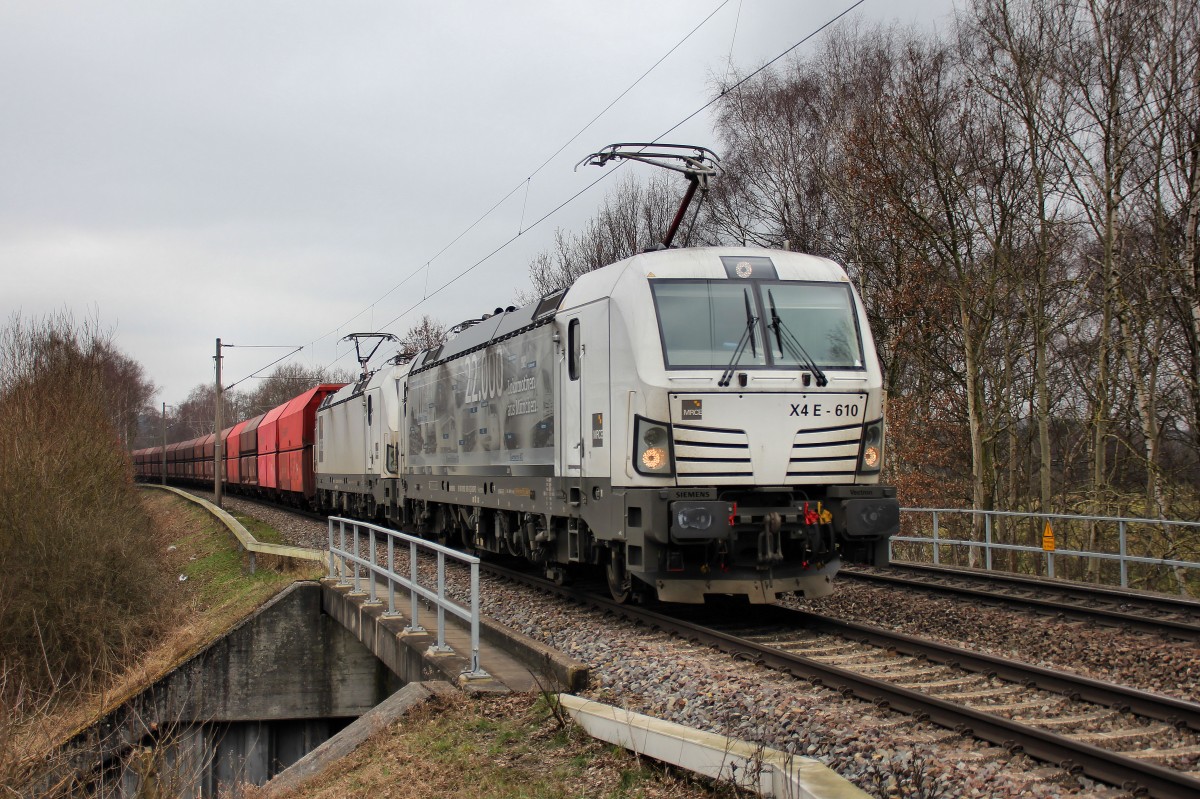 DB X4 E-610 mit Kohlezug am 19.03.16 auf der Hafenstrecke in Hamburg Moorburg mit Fahrtrichtung Hafen Hamburg (Hansakai)