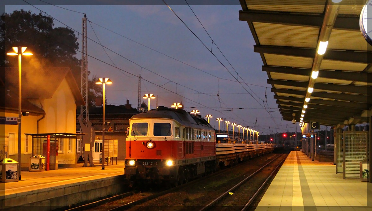 232 141 der WFL bei einer Rangierfahrt mit einem Schwellenzug in Neustrelitz Hbf am 01.10.2015