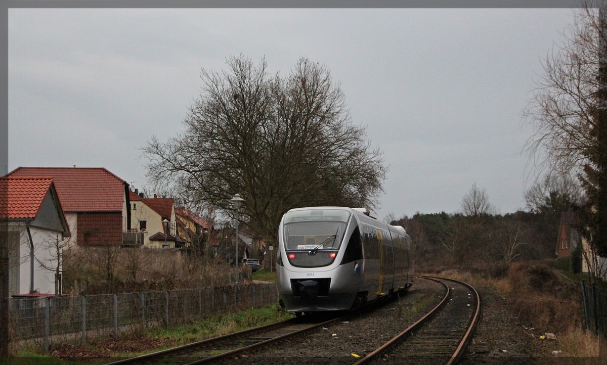 VT 0014 der NEB wartet in der Abstellung auf Weiterfahrt als RB12 von Templin-Stadt nach Berlin-Ostkreuz am 27.12.2015
