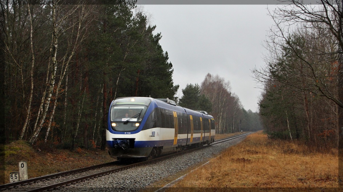 VT 729 der NEB kurz vor dem Bahnhof Vogelsang in Richtung Templin am 06.03.2016